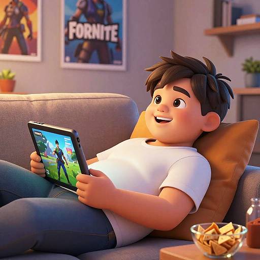 CGI image of a smiling, young boy with dark hair, white shirt, and blue jeans, playing on a tablet on a gray couch, surrounded