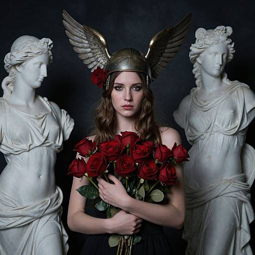 Photograph of a fair-skinned woman with long brown hair, wearing a winged Roman helmet, holding red roses between two white statues. Dark background