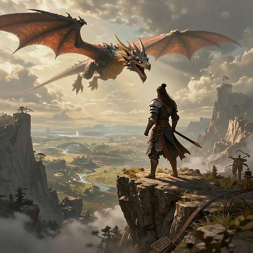 Digital fantasy artwork: A armored warrior with long hair stands on a cliff, facing a massive, orange-winged dragon under a sunlit, cloud-filled