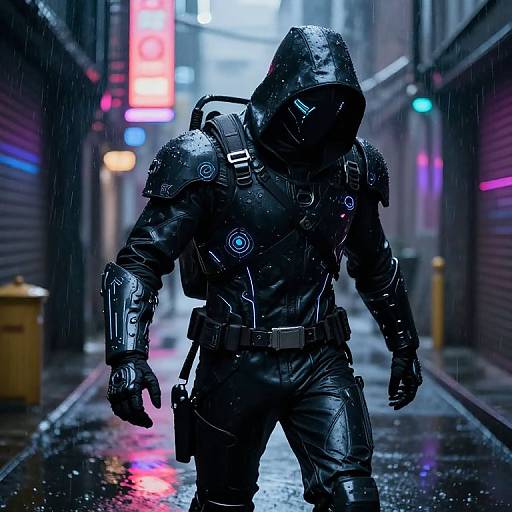 Cyberpunk soldier in black, wet, hooded suit with glowing blue circles, walking down neon-lit, rainy alley at night. Digital art