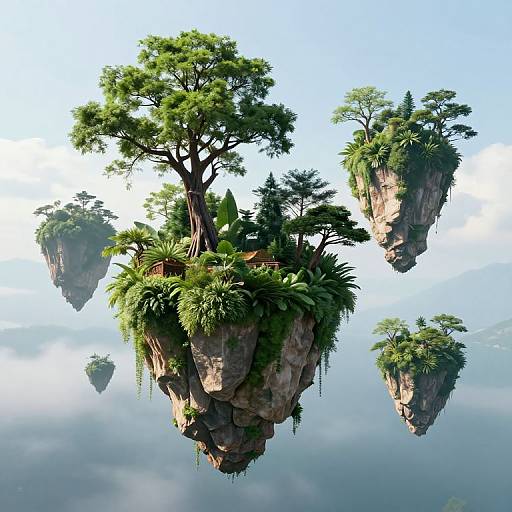 Photorealistic CGI of floating, rocky, lush-green islands with trees and ferns, suspended in a misty, cloudy sky.