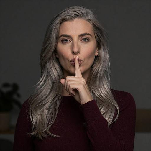 Thoughtful Woman with Shushing Gesture