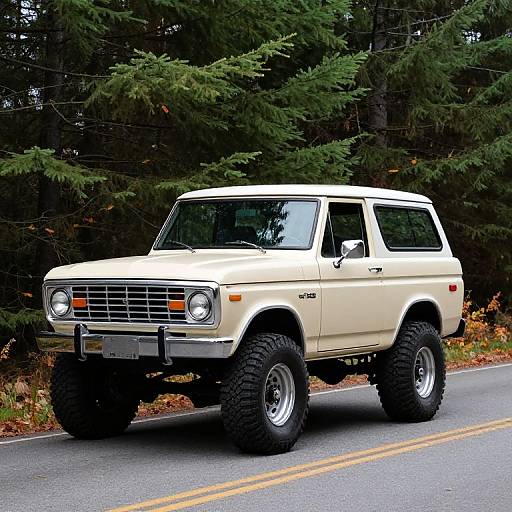Photograph of a cream-colored, lifted, vintage SUV with large black tires driving on a forest road, surrounded by dense evergreen trees.