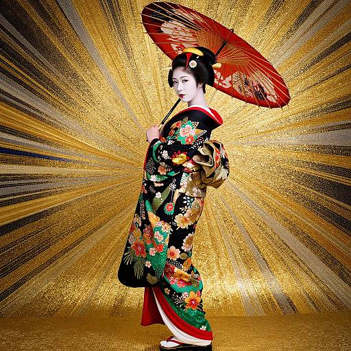 Photograph of a Japanese woman in a colorful floral kimono and red parasol, standing against a golden radiating background.