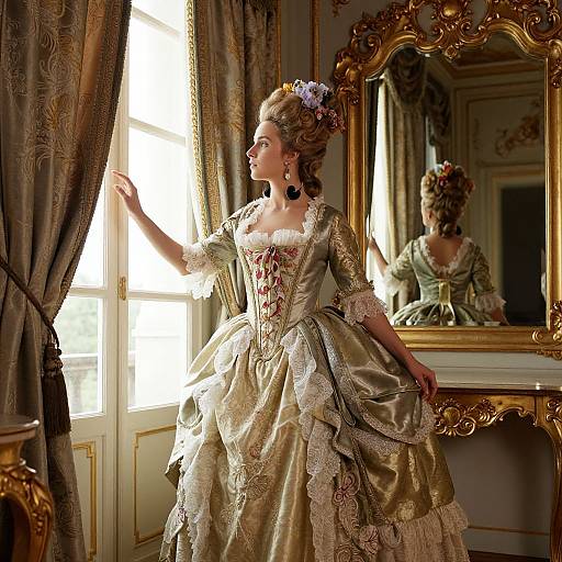 Photograph of a regal woman in an elaborate, gold and cream Victorian dress, standing by a sunlit window, reflected in an ornate gold