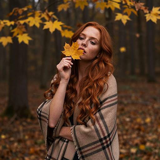 Photograph of a red-haired woman with long wavy hair, wearing a beige plaid shawl, holding an autumn leaf to her mouth in a