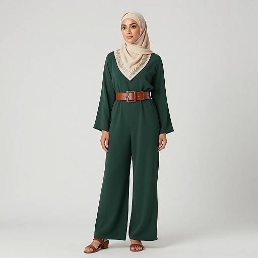 Elegant Muslim Woman in Green Jumpsuit and Beige Hijab