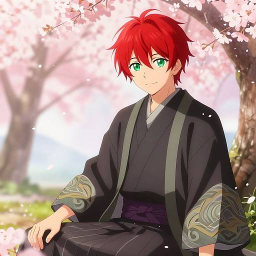 Anime-style digital drawing of a red-haired, green-eyed young man in a black kimono, sitting under cherry blossom trees, with petals gently falling.
