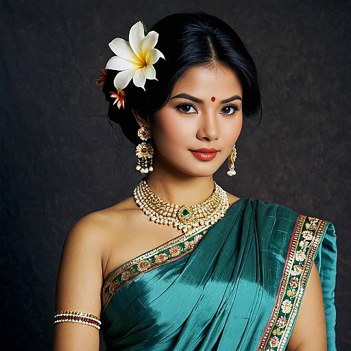 Elegant Asian Woman in Traditional Sari with Jewelry