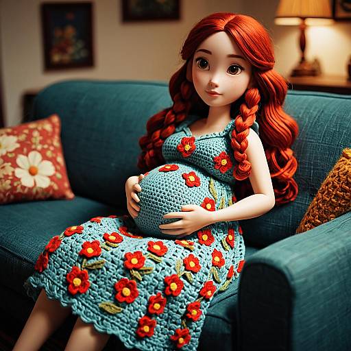 Pixar-Style Pregnant Redhead Crocheting on Sofa