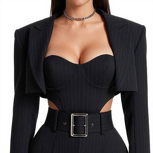 Photograph of a woman wearing a black pinstriped blazer with a deep neckline, showcasing ample cleavage, and a matching high-wa