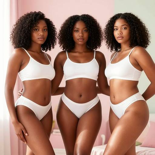 Photograph of three Black women with natural curly hair, wearing white sports bras and high-waisted panties, standing closely together in a sunlit room