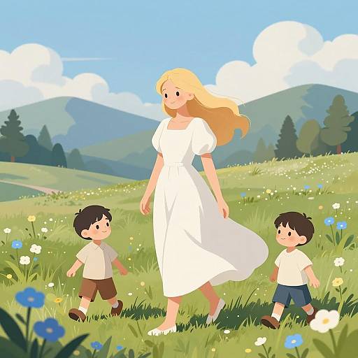 Blonde Woman and Sons in Flower Field