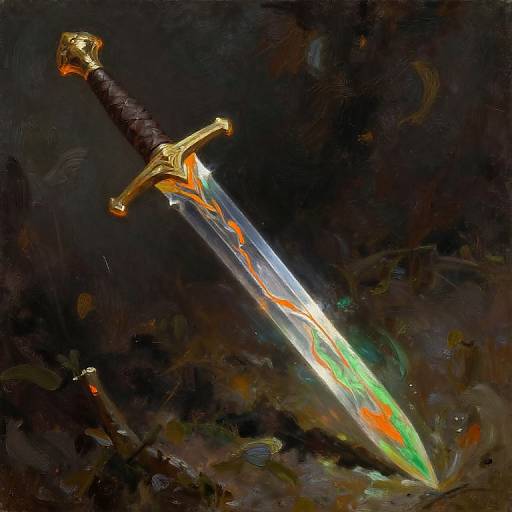 Digital painting of a glowing, ornate sword with a black hilt, gold accents, and vibrant orange-green energy patterns, set against a dark,