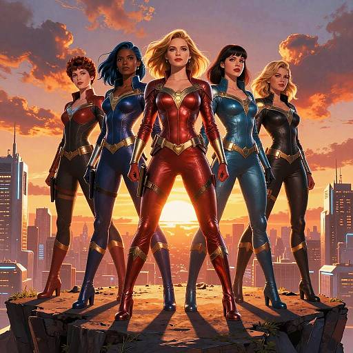 Digital artwork of five powerful women in tight, shiny superhero suits standing on a rooftop at sunset, with a cityscape backdrop. Colors: red, blue