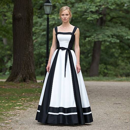 Photograph of a blonde woman in a black and white, sleeveless, square-neck, full-skirted dress with black ribbon, standing on a