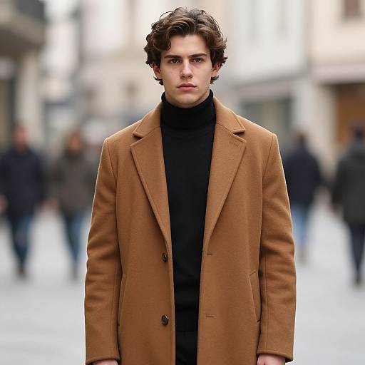 Photograph of a young man with curly brown hair, wearing a tan overcoat and black turtleneck, standing in a blurred urban street.