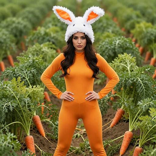 Photograph of a woman with long black hair, wearing an orange bodysuit and white bunny ears, standing in a carrot field.