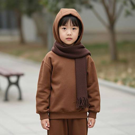 Photograph of an East Asian child with straight black hair, wearing a brown hooded sweatshirt, matching pants, and a dark brown scarf, standing