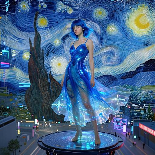 Digital artwork: Anime-style girl with blue hair and dress stands on a glowing platform in a futuristic, neon-lit cityscape inspired by 
