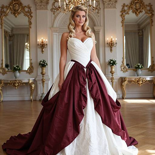Blonde woman in strapless white wedding gown with deep maroon skirt stands in ornate, gold-accented ballroom with chandelier, candles
