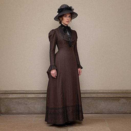 Photograph of a Victorian-era woman in a long, black, lace-trimmed dress and black hat, standing against a plain, beige wall.