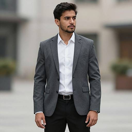 Photograph of a handsome, dark-haired man with a trimmed beard, wearing a gray blazer, white shirt, and black pants, standing in a