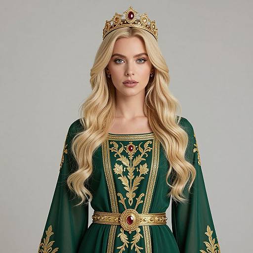 Blonde Woman in Regal Green Dress