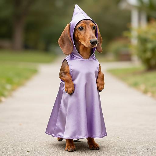Photograph of a dachshund wearing a shiny purple satin dress with a white cone hat, standing on a suburban sidewalk.