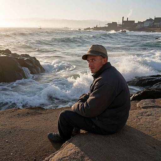 Photograph of a middle-aged white man in a dark jacket and olive cap sitting on a rocky beach, waves crashing behind him, sunlight casting long shadows