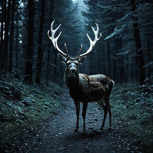 Deer with Luminescent Antlers in Dark Forest