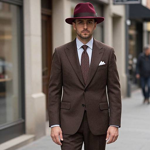Photograph of a bearded man in a dark brown suit, white shirt, burgundy tie, and matching burgundy fedora, standing on a