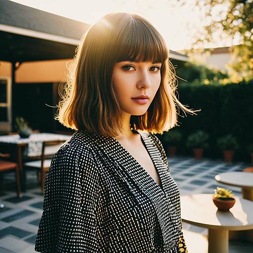 Fashion Model with Layered Bangs in Outdoor Patio
