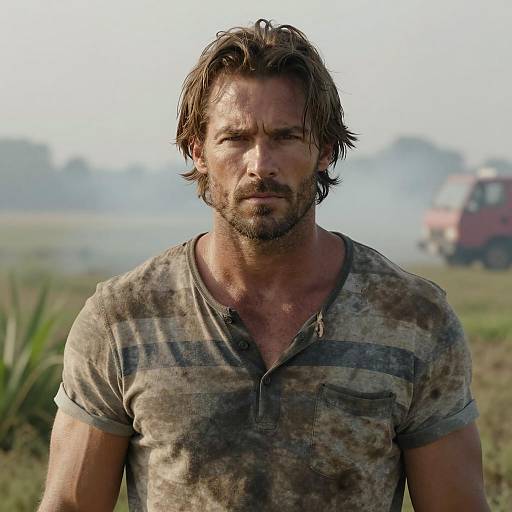 Intense Rugged Man in Smoky Field