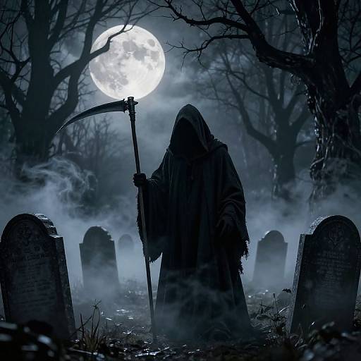 Mysterious, hooded figure with scythe stands in foggy, moonlit graveyard, surrounded by tombstones, under a full moon. Dark,