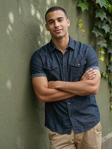Relaxed Denim Portrait Against Ivy Wall