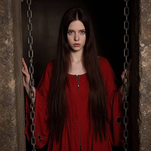 Photograph of a pale, dark-haired woman with intense blue eyes, wearing a red medieval-style dress, standing between two chains in a dark, stone