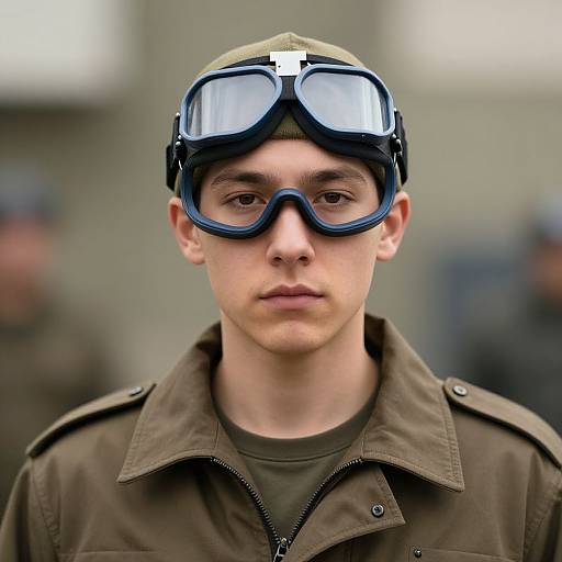 Photograph of a young man with olive skin, wearing aviator goggles, green military-style jacket, and olive cap, against a blurred background.