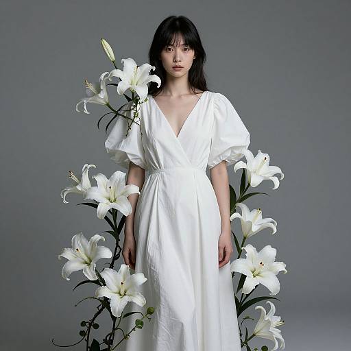 Photograph of an East Asian woman with long black hair in a white, V-neck, puffed-sleeve dress, surrounded by white lilies