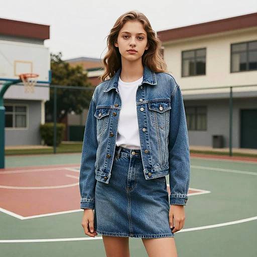 Teen Fashion Model in Denim on Basketball Court