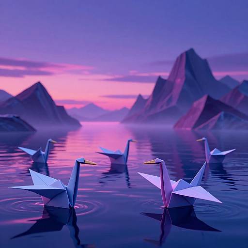 Digital artwork of white origami swans gliding on a reflective, purple-pink sunset lake with misty mountains in the background.