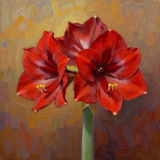 Oil painting of two vibrant red, star-shaped flowers with yellow stamens, set against a textured, warm brown and yellow background.