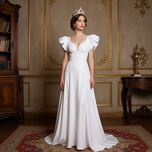 Photograph of a fair-skinned woman with dark hair, wearing a white satin wedding gown with puffed sleeves and a silver tiara, standing in