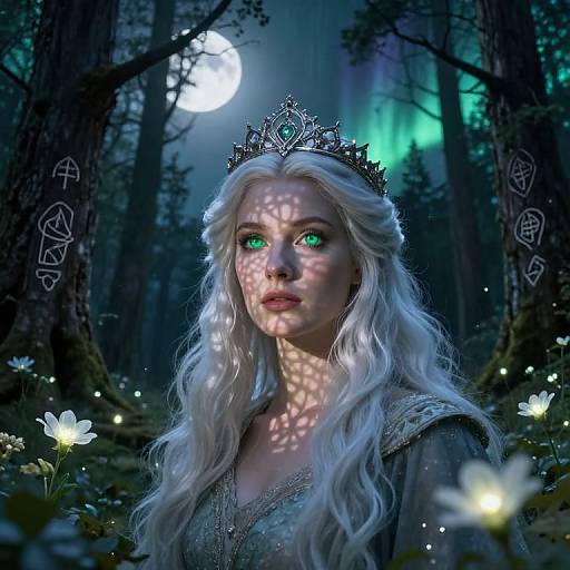 Digital fantasy artwork of a white-haired, green-eyed queen in a moonlit forest, wearing a silver tiara, surrounded by glowing flowers.