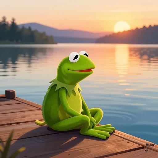 Digital illustration of a green frog puppet with white eyes and yellow neck frill, sitting on a wooden dock at sunset, reflecting on a calm lake with