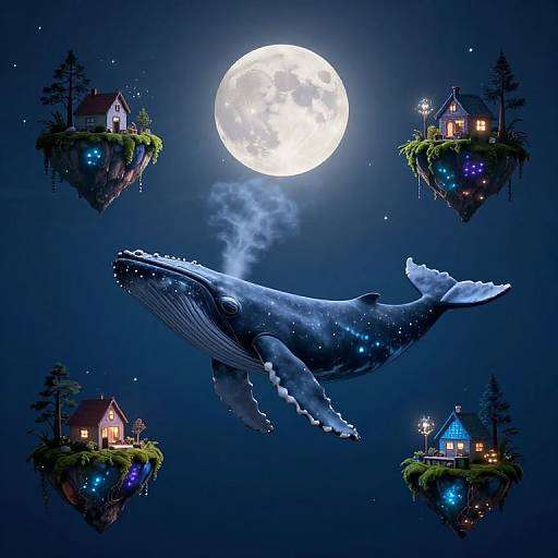 Digital artwork: A glowing full moon illuminates a blue whale flying above four colorful, glowing houses on floating islands surrounded by dark, starry sky.