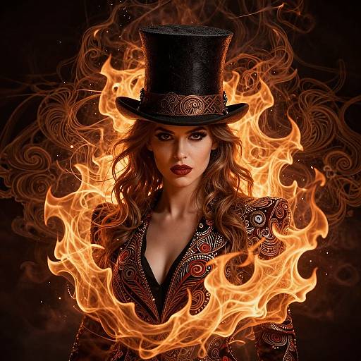 Photograph of a woman with wavy brown hair, red lips, and a black top hat, surrounded by fiery orange flames, wearing a detailed red