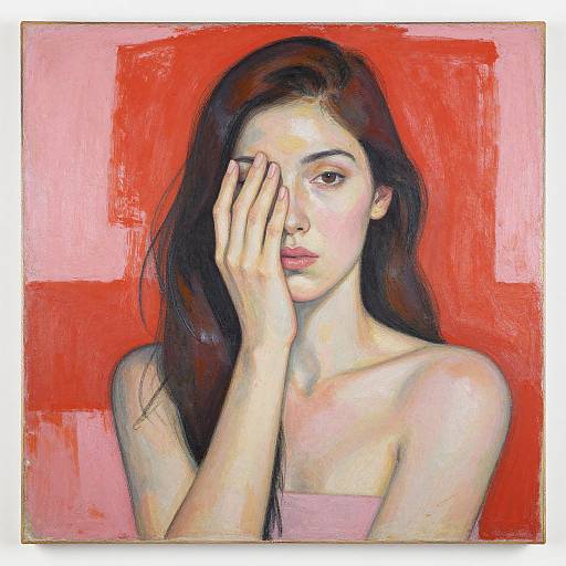 Stylized painting of a young woman with long dark hair, covering her right eye with her hand, against a vibrant red background. She has fair