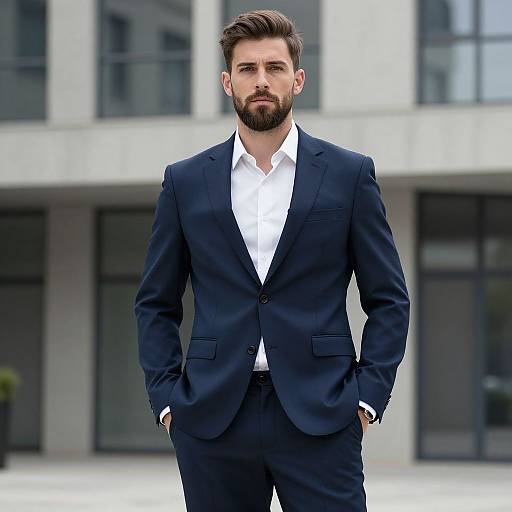 Photograph of a handsome, bearded man with brown hair, wearing a dark navy suit and white shirt, standing confidently in front of a modern,