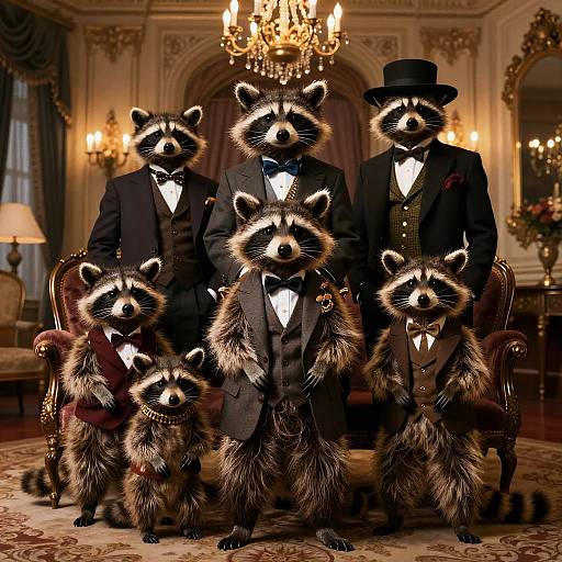 Photograph of six raccoons in formal black tuxedos with bow ties and top hats, standing in an opulent, chandelier-l